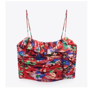 ZARA Red Floral Print Ruffled Corset Crop Top